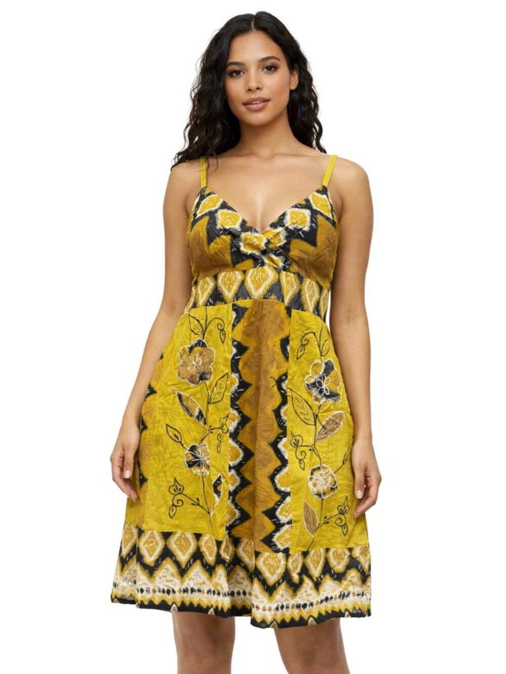 Women’s Gold Print Dress 100% Cotton Spaghetti Strap V-Neck Casual Mini Dress